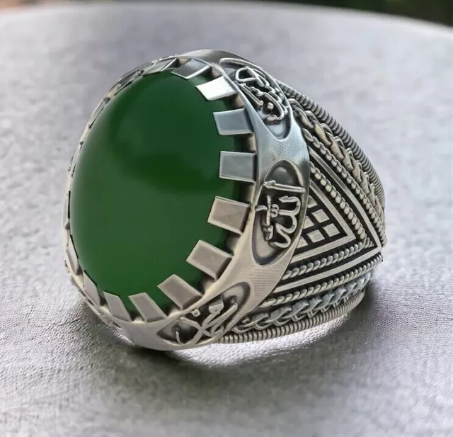 Hommes Shia Islamique Bague Naturel Cornaline Agate Vert Akik Argenté Yéménite