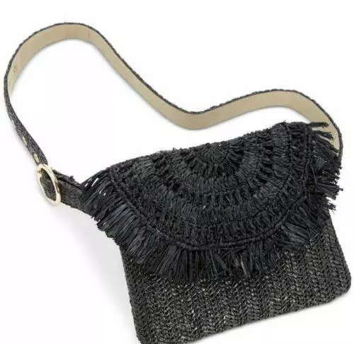 INC International Concepts Womens Straw Fringe Belt Bag Black Medium