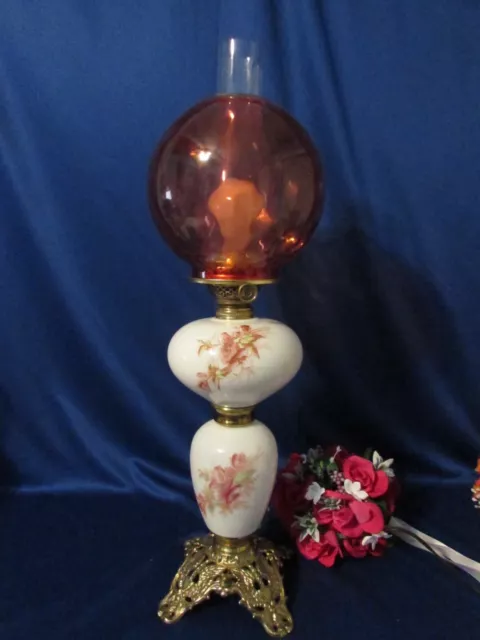 Antique Victorian Floral Gwtw Banquet 3 Tier Parlor Lamp With Red Ball Globe 25"