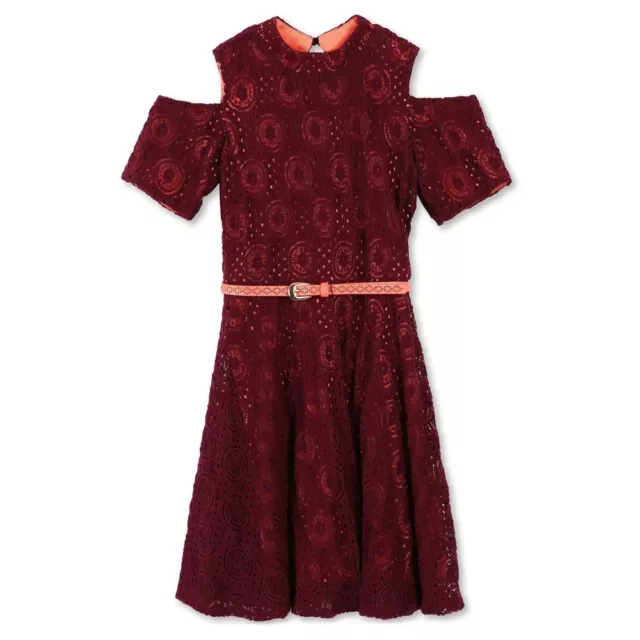 Girls' Lots of Love by Speechless Cold Shoulder Lace Belted Red Dress, 12 14 16