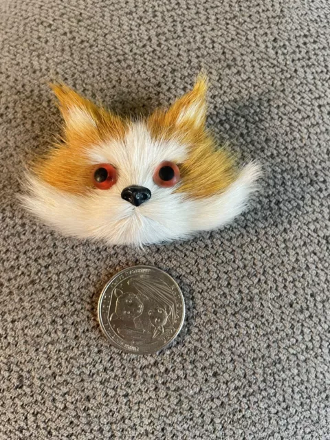 Vintage Animal Head Brooch Pin Fox / CAT Face White Brown Real Fur UNIQUE