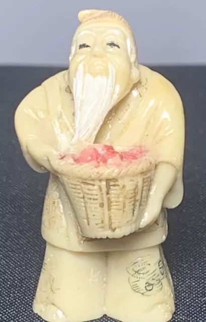 Netsuke Figurine Old Man With Beard & Basket Apples Detailed Hand Crafted Japan