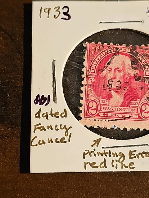 1933 GEORGE WASHINGTON 2 Cent Stamp Double Date Stamped Cancel ...