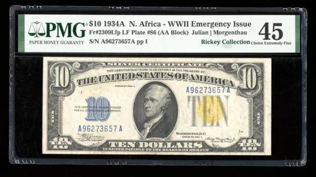 DBR 1934-A $10 North Africa Silver Fr. 2309Lfp PMG 45 Serial A96273657A