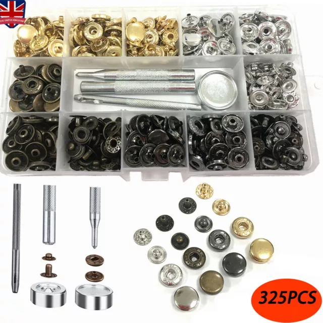 325Pcs Heavy Duty Snap Fasteners Press Studs Kit +Poppers Leather Button Tool UK