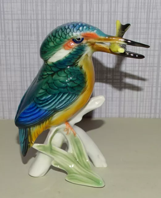 ENS Porzellan Figur blau gelb grün Eisvogel mit Fisch Vogel 6,3 x 11,5cm -Selten