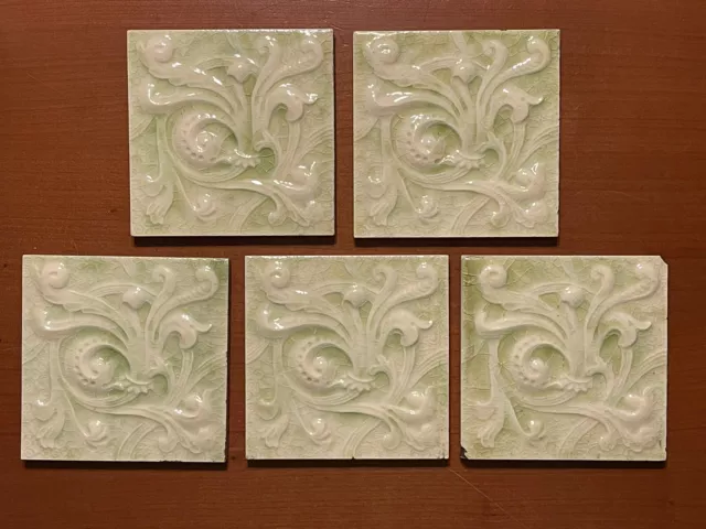 Set Of 5 Antique Cambridge Tile Mfg Co Art Nouveau Tiles 6" Green & White AS IS