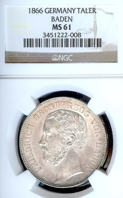 Alemania Estados Baden-Durlach 1866 Taler Moneda Thaler NGC Ms 61 Vz / F. Stg