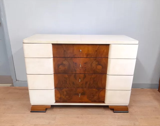 Commode Art Deco En Noyer Et Parchemin Vers 1930-40 , Restauré