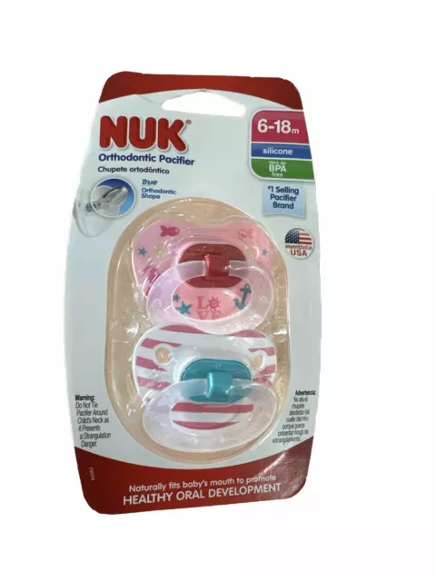 NUK Silicone Orthodontic Pacifier 6-18 mo Pink Girl 2 Pk BPA Free It/263