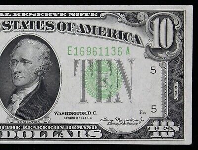 $10 1934A Mule AU Federal Reserve Note E16961136A series A bp 463 ten dollar