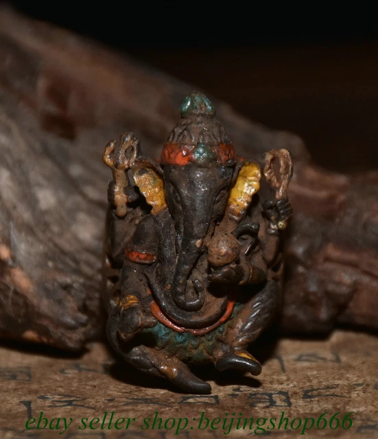 1.2" Old Tibet Bronze Painting Ganesh Lord Ganesha Elephant God Buddha Ring