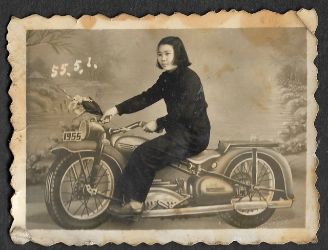 Orig. Chinese Studio Photo Girl Old Motor Motorcycle China Woman 1955 Orig. Chinese Studio Photo Girl Old Motor Motorcycle China Woman 1955