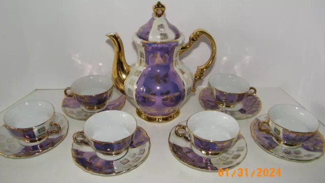 Orion Japan Lusterware Teapot & 6 Demitasse Cups & Saucers Purple Lilac/Gold VTG