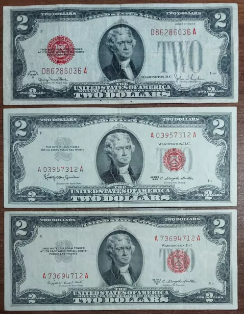 Lot 3 Pcs 1928 -1953 - 1963 Two Dollar Bill Red Seal $2 Note Circulated