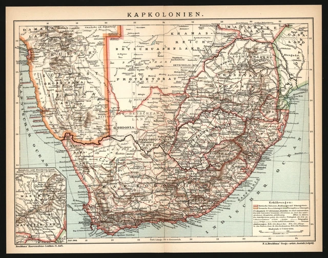 Landkarte anno 1904 - Deutsch-Südwestafrika Swaziland Transvaal Cape Colony DSWA