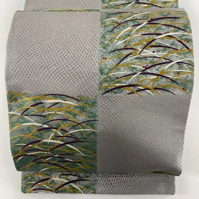 Japanischer Kimono Obi aus reiner Seide, kariert, graugrün, Rokutsu, lässig