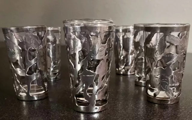 7 Vintage Hecho Mexican Sterling Silver 925 Overlay Cordial Shot Glasses FREE S