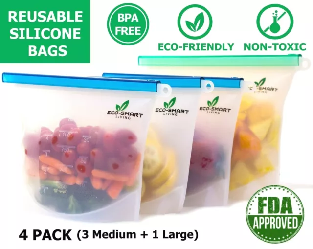 Reusable Silicone Food Storage Bags 4 Pcs LeakProof BPA Free Ecofriendly Contain