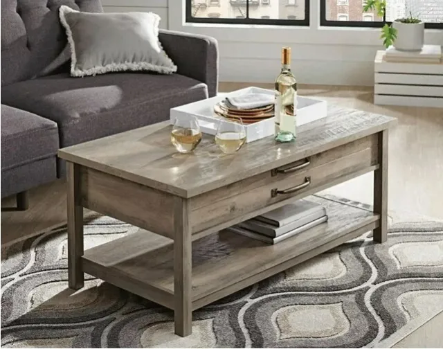 Rustic Coffee Table with Lift-Top Storage Gray Wood Modern Farmhouse Style - NEW