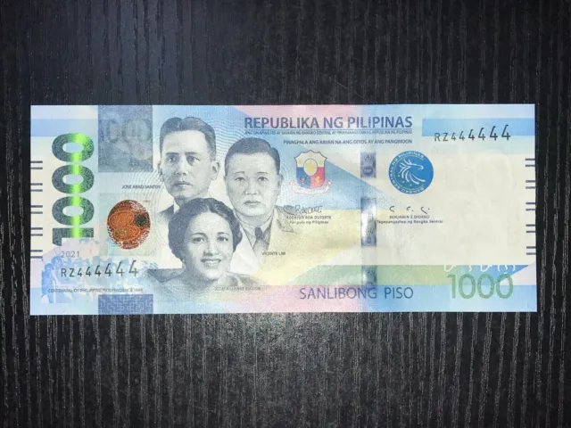 Philippines ENGC Series 2021 1000 Pesos Solid 4 Banknote (RZ444444)