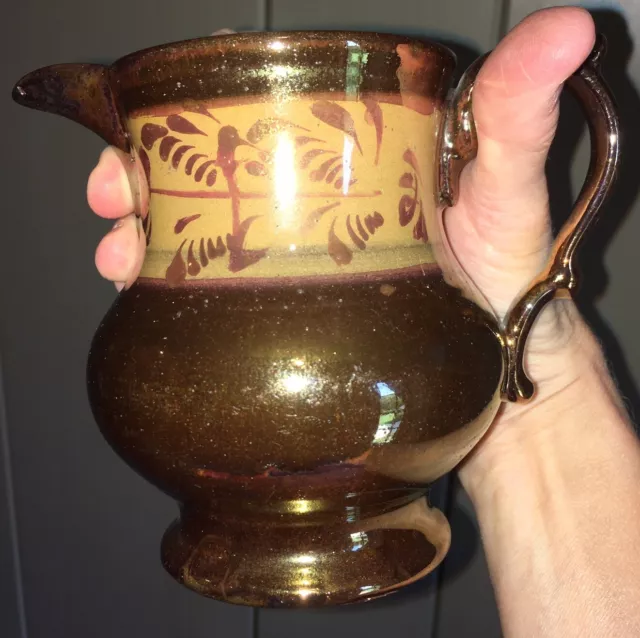 Copper Lustre lusterware Creamer 4-1/4" tall yellow band antique FALL19th C OLD
