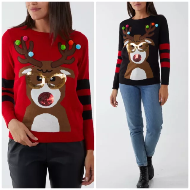 New Womens Ladies Pom Pom Rudolph Reindeer Festive Christmas Xmas Jumper