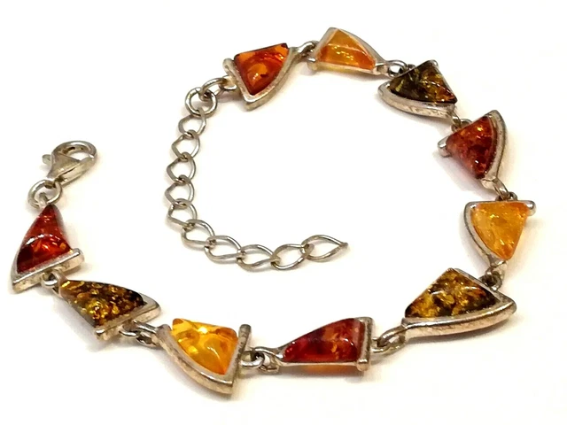 Bracelet En Argent Avec Ambre - Bijou Fantaisie Occasion - Style Argenté, Origine France