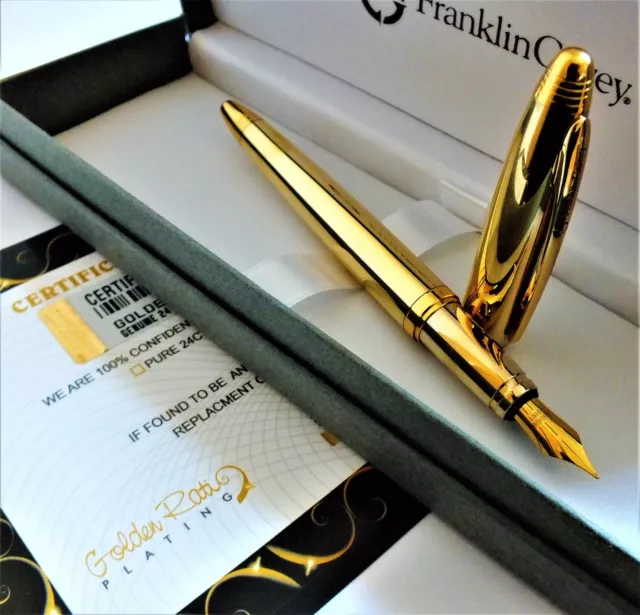 24k Gold Plated Shiny Franklin Covey Fountain Writing Pen Ink Gift Box Black Ink