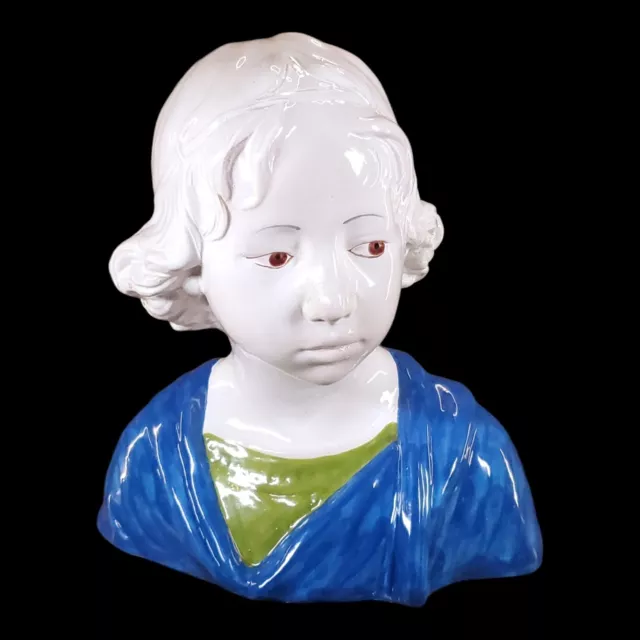 Vintage Italian Pottery Della Robbia Bust of a Young Boy 13" Tall Italy