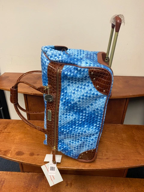 New Samantha Brown Rolling Embossed Wheeled Weekender Basketweave Blue