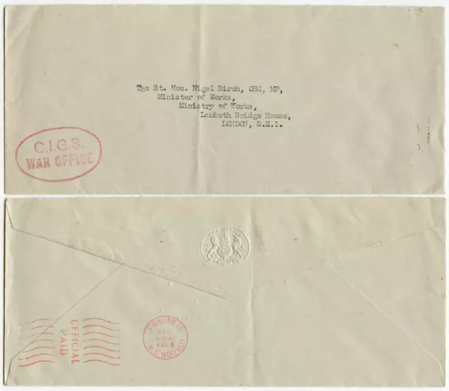 Gb Official War Office Meter Franking 1955 Embossed Envelope Cigs Handstamp