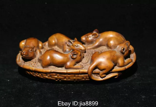 13 cm Old China Boxwood Wood Carved Folk Fengshui Animal Wealth 5 Mouse Statue