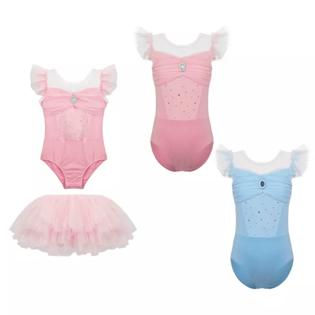 Kids Girls Bodysuit With Skirt Patchwork Ballet Dance Outfits Ruffled Sleeves