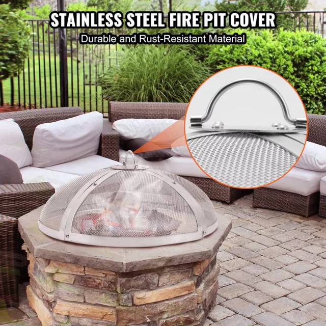 VEVOR 40" Round Fire Pit Spark Screen Cover Lid Stainless Steel Wood Burning 2