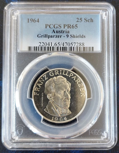 Austria Proof 25 Schillings Coin 1964 Km#2895 Pcgs Pr65 Grillparzer 9 Shields