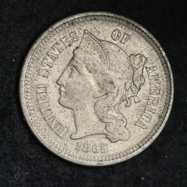 1865 Three Cent Nickel Piece CHOICE AU FREE SHIPPING E213 AET