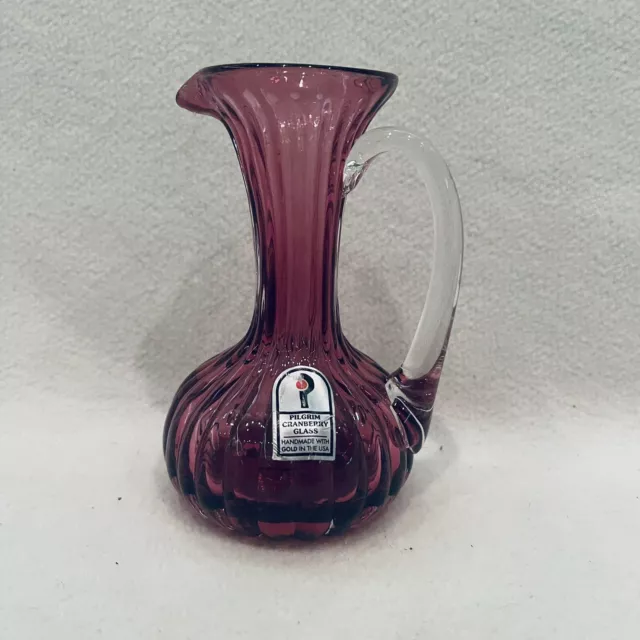 Pilgrim Cranberry Glass 5” Pitcher USA Handmade w/ Gold & Original Label