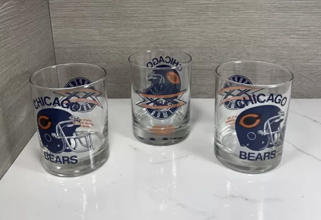 Chicago Bears 1985 Super Bowl XX Champion Glasses Glass Whiskey Tumbler Lot Of 3