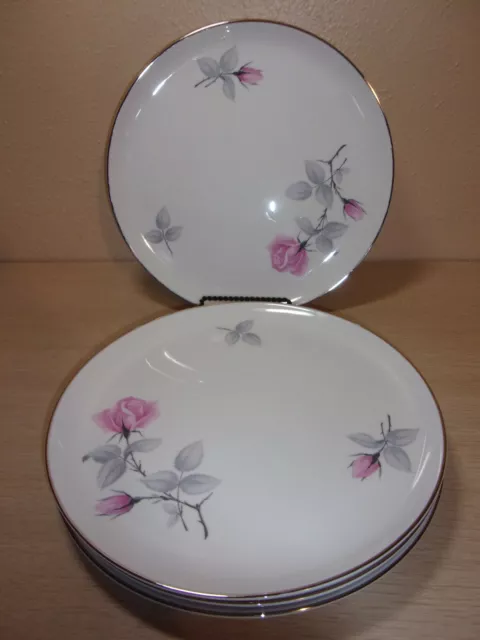 Set Of 4 Syracuse China Bridal Rose 10-1/2" Dinner Plates Pink Roses Silver Trim