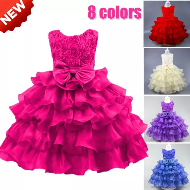 Girls Flower Bridesmaid Dress Baby Kids Princess Party Rose Bow Wedding Dresses