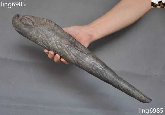 17"Rare Hongshan Culture Old jade carved fish head Ancient Text Faqi Arms Weapon