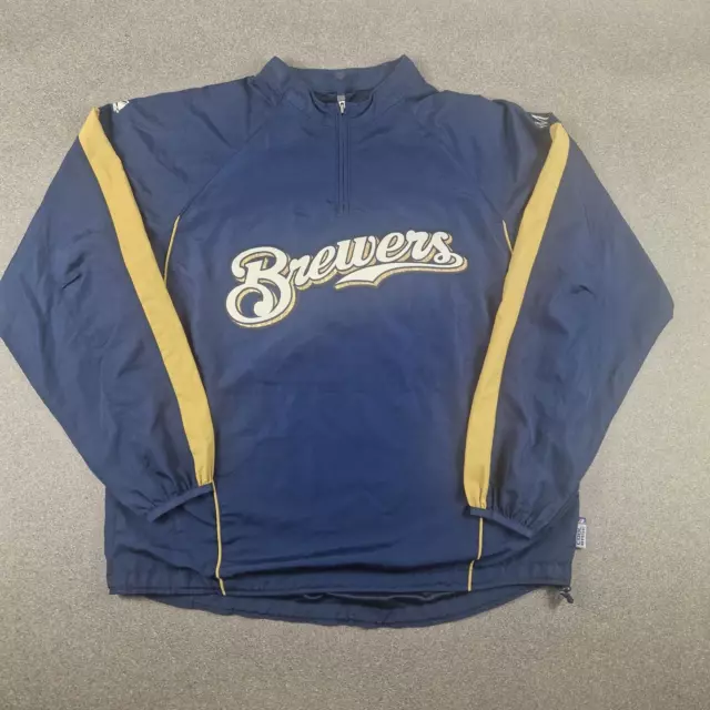 Majestic Milwaukee Brewers Giacca Da Uomo Large Blu Frangivento 1/4 Cerniera Pull Over