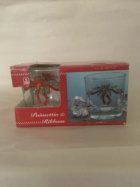 4 Anchor Hocking 9oz Poinsettia & Ribbons Christmas On The Rocks Glass Tumblers
