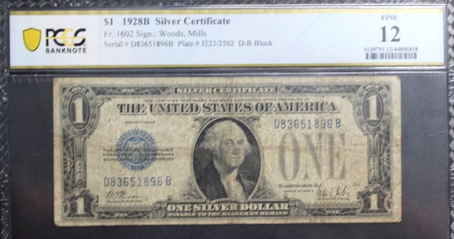 1928 B $1 Silver Certificate   Note Fr 1602 D-B Block Pcgs 12 Fine Funny Back