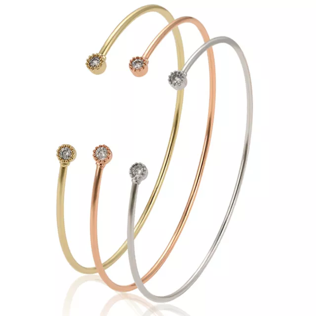 9ct GOLD GF LADIES CRYTSAL TRINITY WEDDING OPEN RING BAND CUFF BANGLE BRACELET