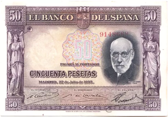 Billete de 50 Pesetas de 1935 ( Ramón y Cajal ) Sin Serie ( bonito )