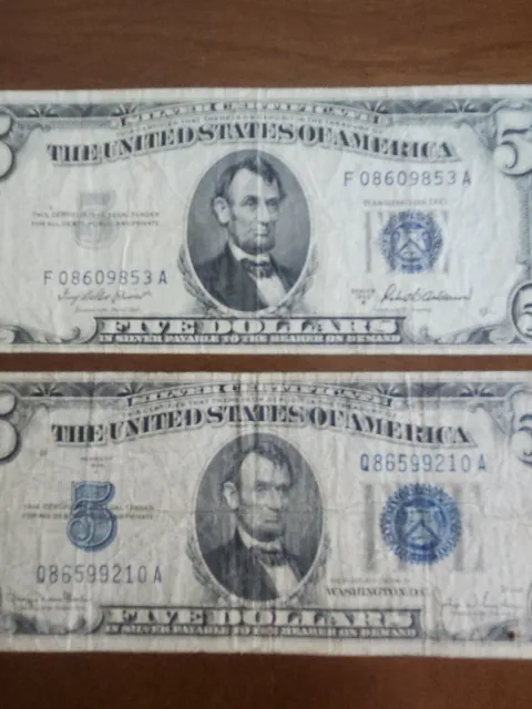 Lot Of 2 U.s. 1934. A &  1953. A , (Blue Seal)  5 Dollars Silver Certificates 3