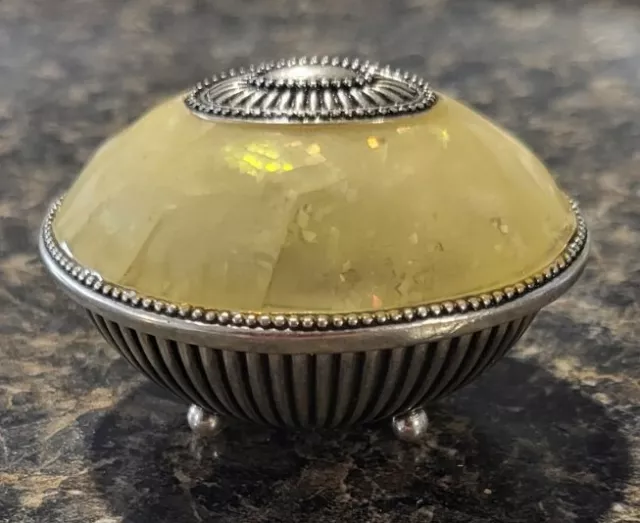 Vintage Art Nouveau Silver Plated Yellow Mother of Pearl Ring Box Egg Shape 2