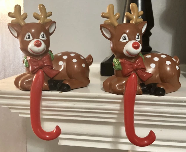 Vintage 1984 Hong Kong Set Of 2 Red Nose Reindeer Stocking Holders Vintage 1984 Hong Kong Set Of 2 Red Nose Reindeer Stocking Holders